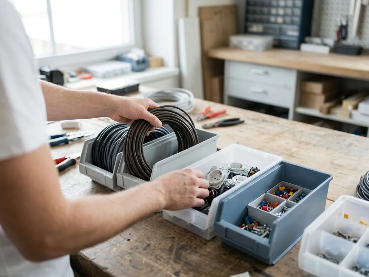 Dłonie porządkujące przewody i elementy elektryczne